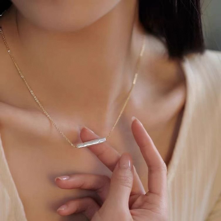 Square small silver bar pearl necklace natural baroque freshwater pearl ins design style light luxury