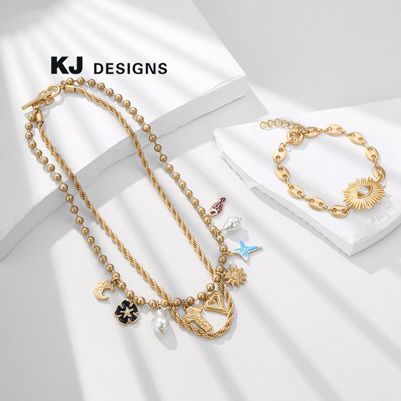 Kenjie European and American fashion multi-pendant medieval necklace women’s copper bead chain hemp rope chain enamel oil drop