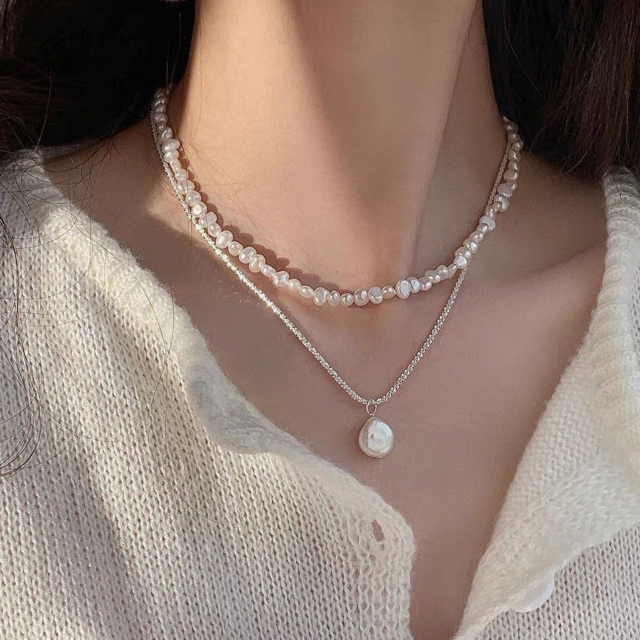 Double-layer stacking baroque collarbone chain pendant, French niche light luxury Zhuji natural fresh water