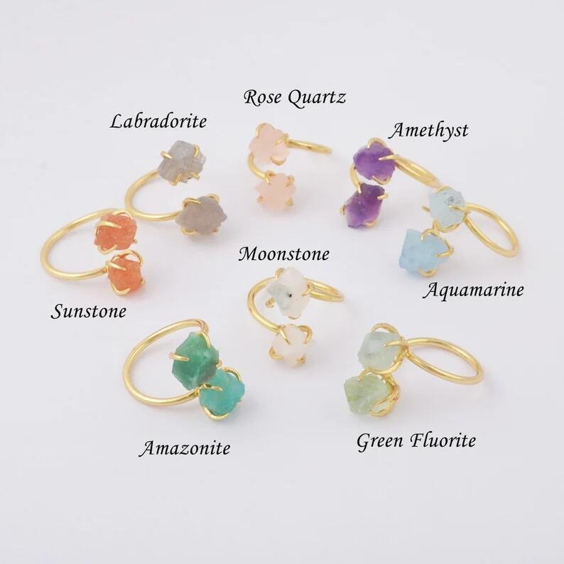 Simple style natural stone original stone pink crystal amethyst double four-claw fixed ring multi-color adjustable