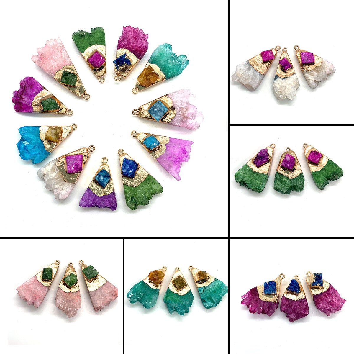 Natural stone crystal tooth triangular pendant necklace. Fashionable crystal inlaid agate pendant necklace jewelry gift.