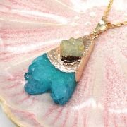 Natural stone crystal tooth triangular pendant necklace. Fashionable crystal inlaid agate pendant necklace jewelry gift.