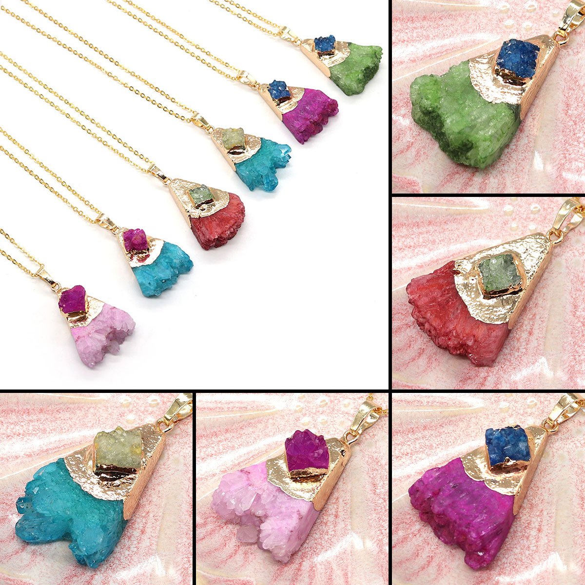 Natural stone crystal tooth triangular pendant necklace. Fashionable crystal inlaid agate pendant necklace jewelry gift.
