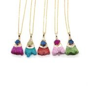 Natural stone crystal tooth triangular pendant necklace. Fashionable crystal inlaid agate pendant necklace jewelry gift.