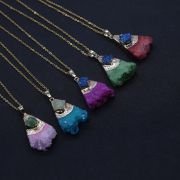 Natural stone crystal tooth triangular pendant necklace. Fashionable crystal inlaid agate pendant necklace jewelry gift.