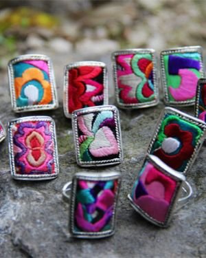 Yunnan ethnic style Miao silver old embroidery ring adjustable, square