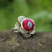Yunnan ethnic style Miao silver old embroidery ring, adjustable, rose shape