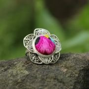 Yunnan ethnic style Miao silver old embroidery ring, adjustable, rose shape