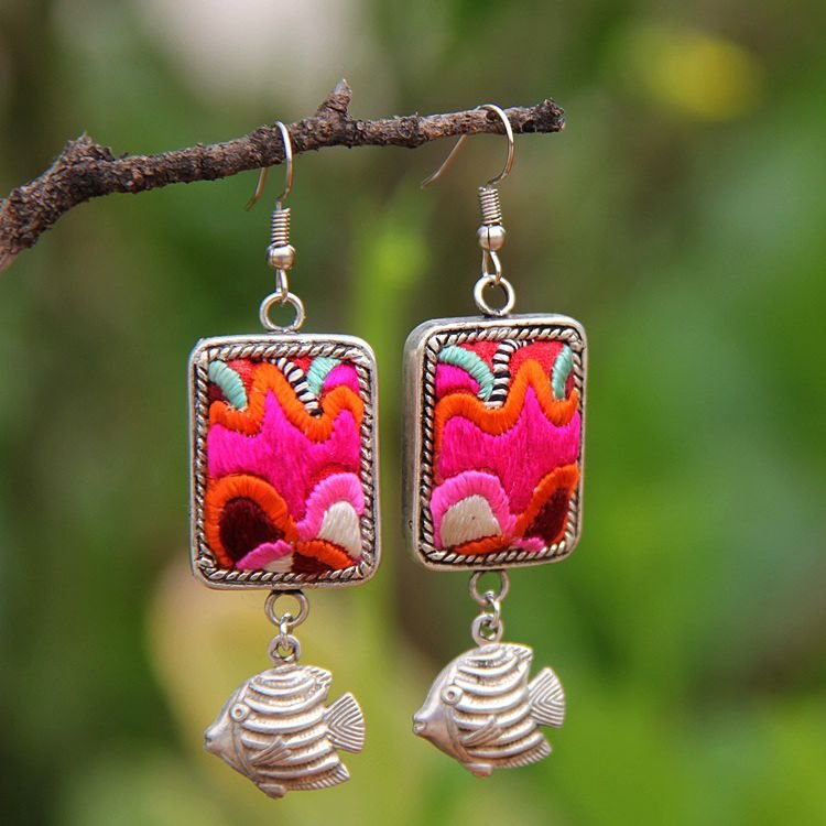 Miao ethnic style earrings clothing accessories retro old Miao silver inlaid handmade embroidery pieces old embroidery