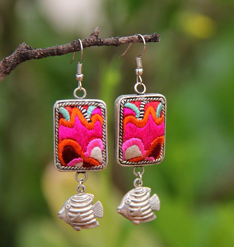 Miao ethnic style earrings clothing accessories retro old Miao silver inlaid handmade embroidery pieces old embroidery