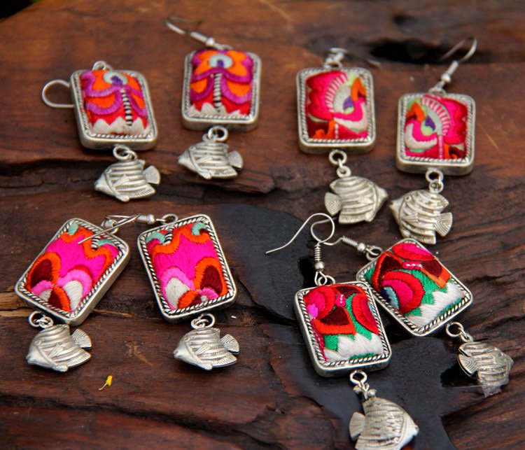 Miao ethnic style earrings clothing accessories retro old Miao silver inlaid handmade embroidery pieces old embroidery
