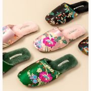 Chinese ethnic style embroidered satin cotton slippers women’s autumn and winter home indoor non-slip plush warm slippers