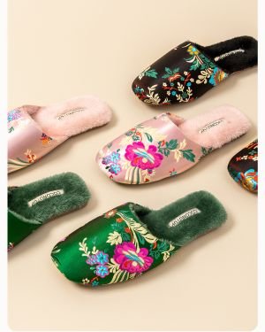 Chinese ethnic style embroidered satin cotton slippers women’s autumn and winter home indoor non-slip plush warm slippers