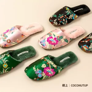 Chinese ethnic style embroidered satin cotton slippers women's autumn and winter home indoor non-slip plush warm slippers