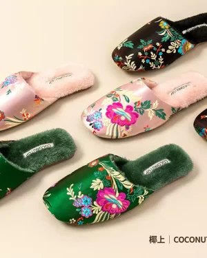 Chinese ethnic style embroidered satin cotton slippers women’s autumn and winter home indoor non-slip plush warm slippers